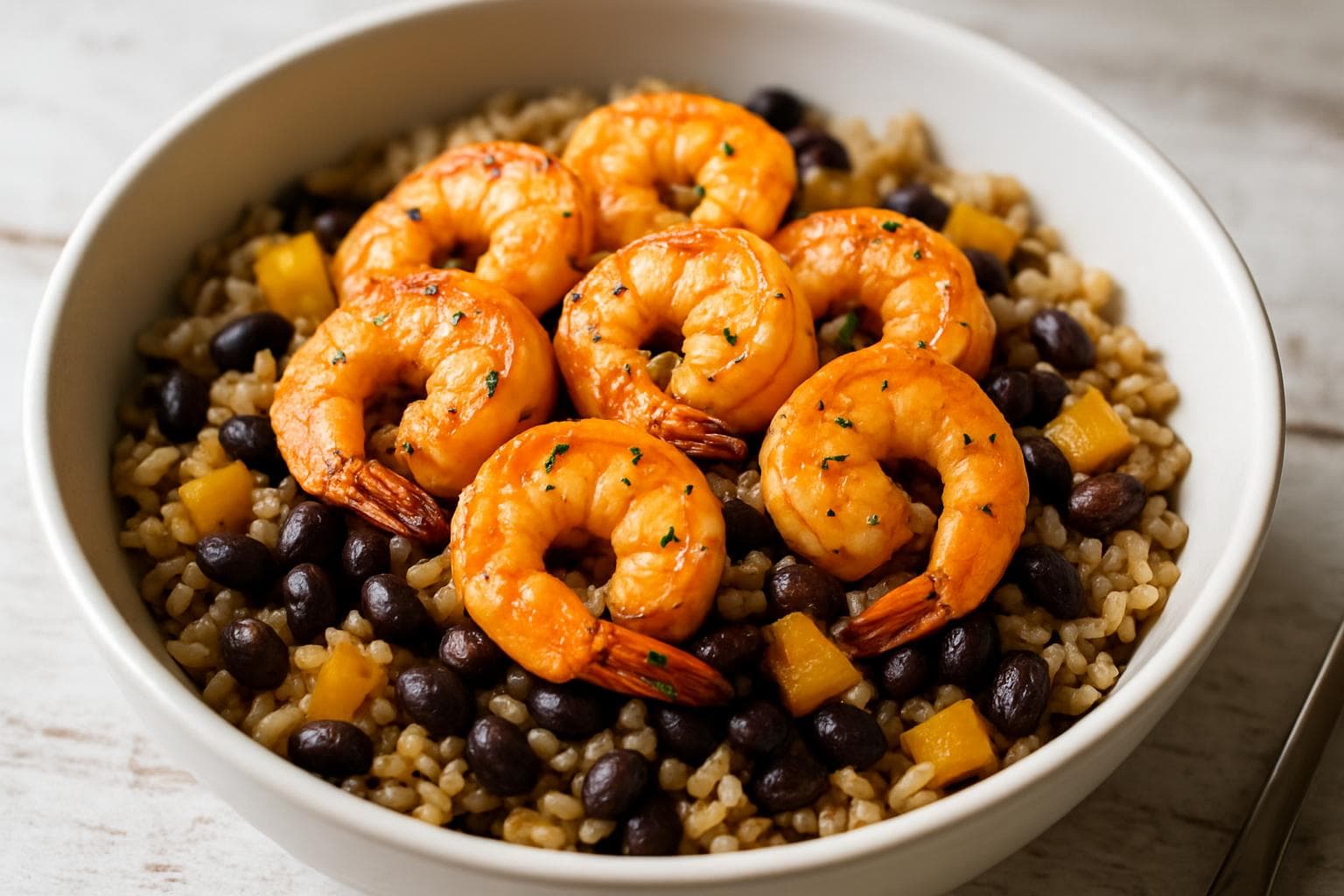 Garlic Shrimp and Black Bean Rice Bowl — finished dish